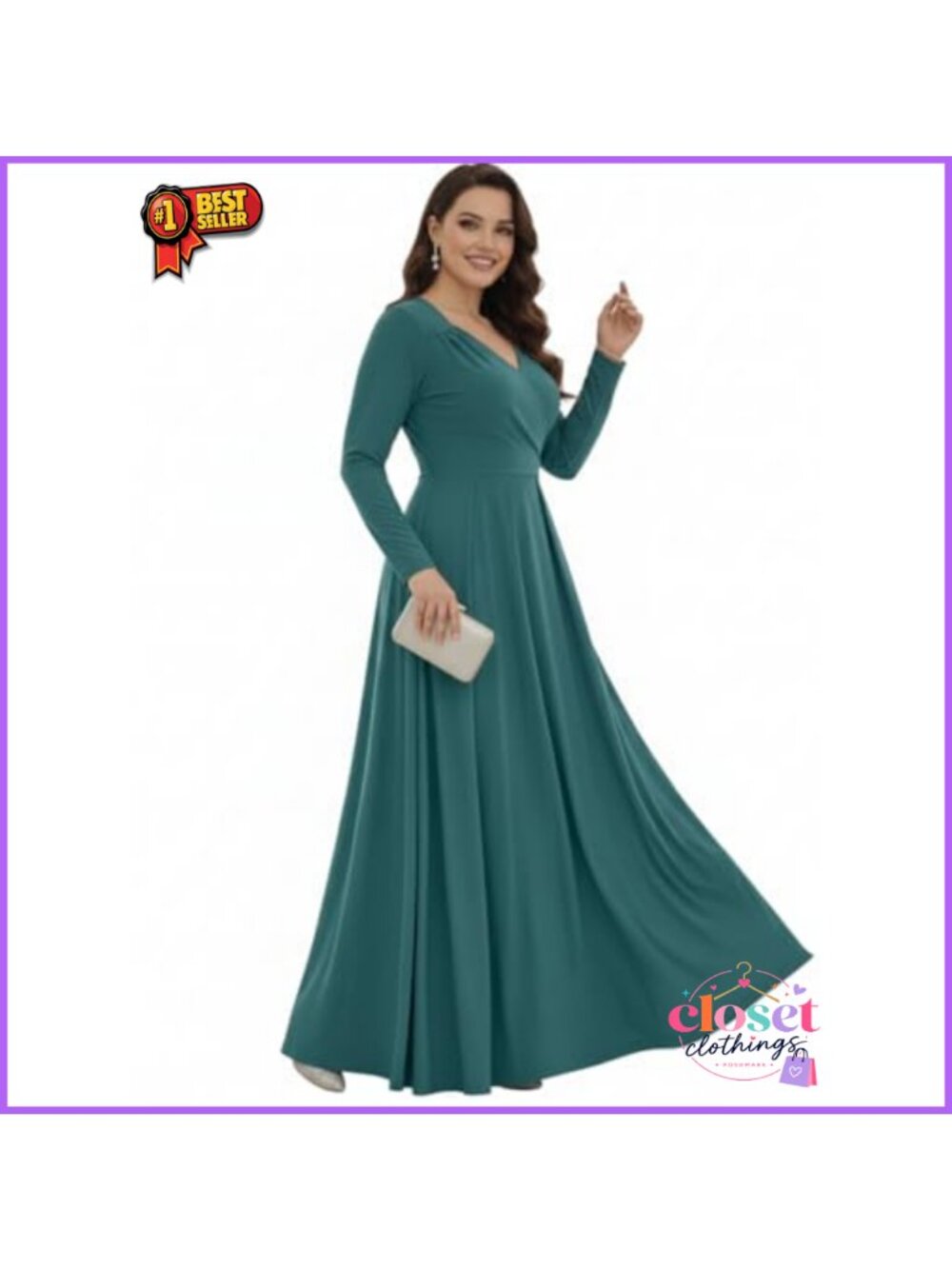 Long Sleeve Empire Waist Maxi Dress V-Neck Evening Gown